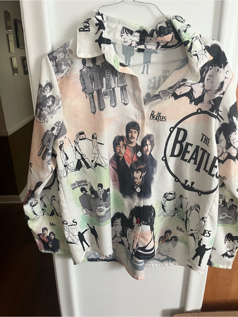The Beatles Graphic Button-Up Women’s Shirt - White with Pastel Accents